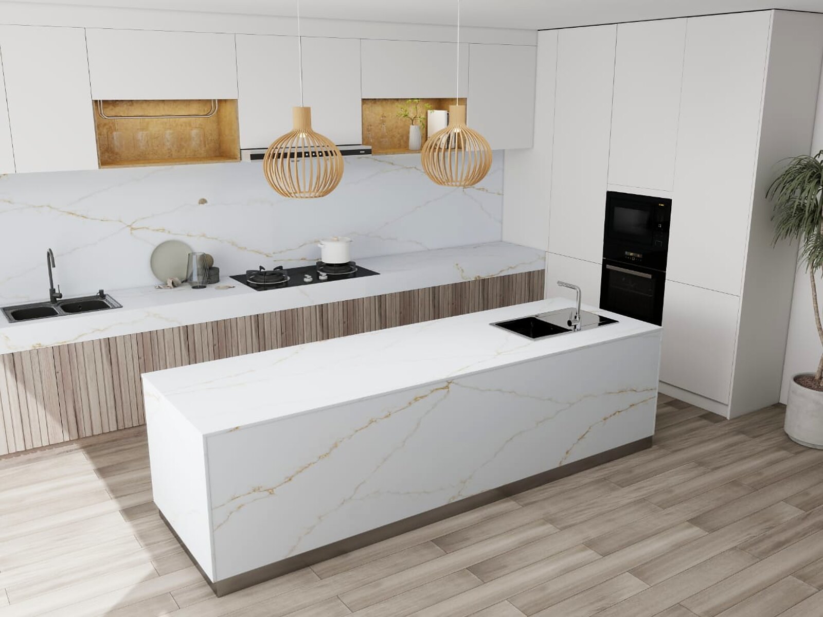 STATUARIO GOLD '26 Zero surface in a real kitchen setting