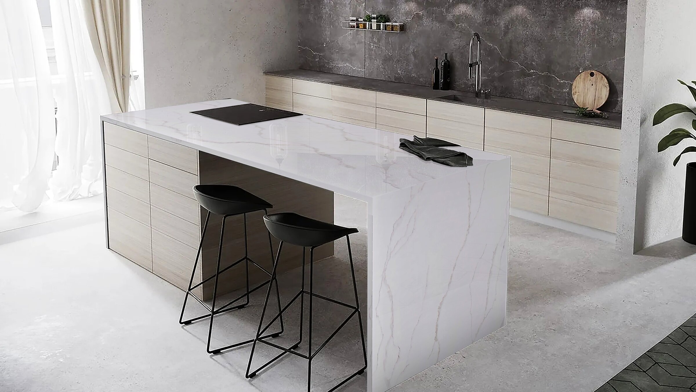 Statuario Nuovo Gold Zero surface in a real kitchen setting