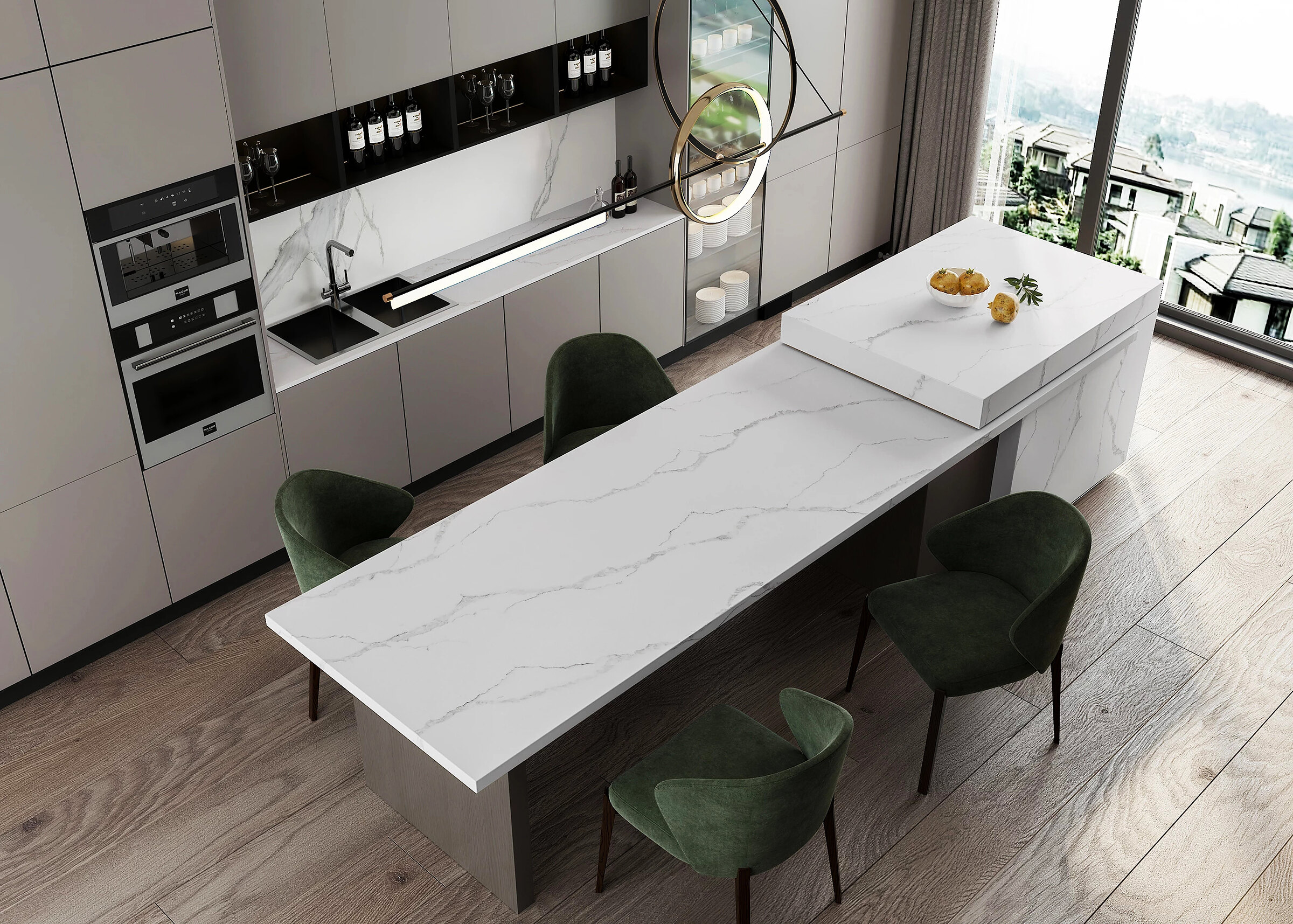 Statuario Nuovo Gold Zero surface in a real kitchen setting