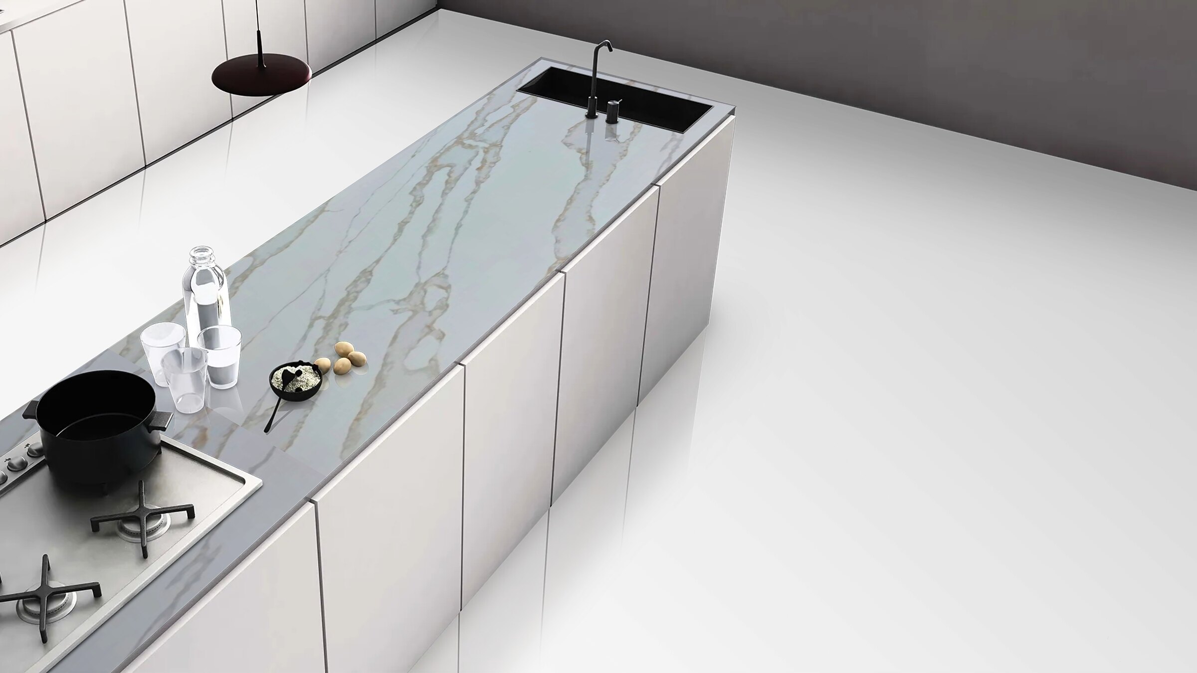Calacatta Oro Zero surface in a real kitchen setting
