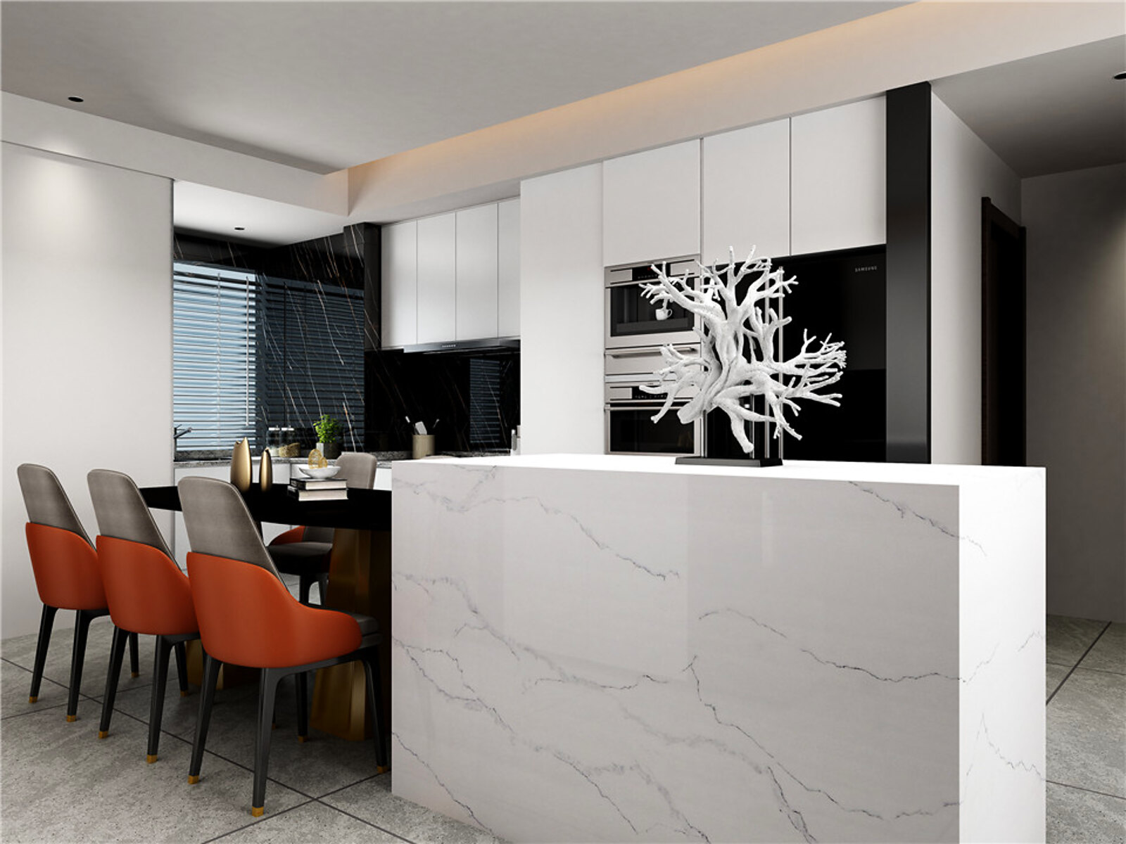 Statuario Nuovo Grey Zero surface in a real kitchen setting
