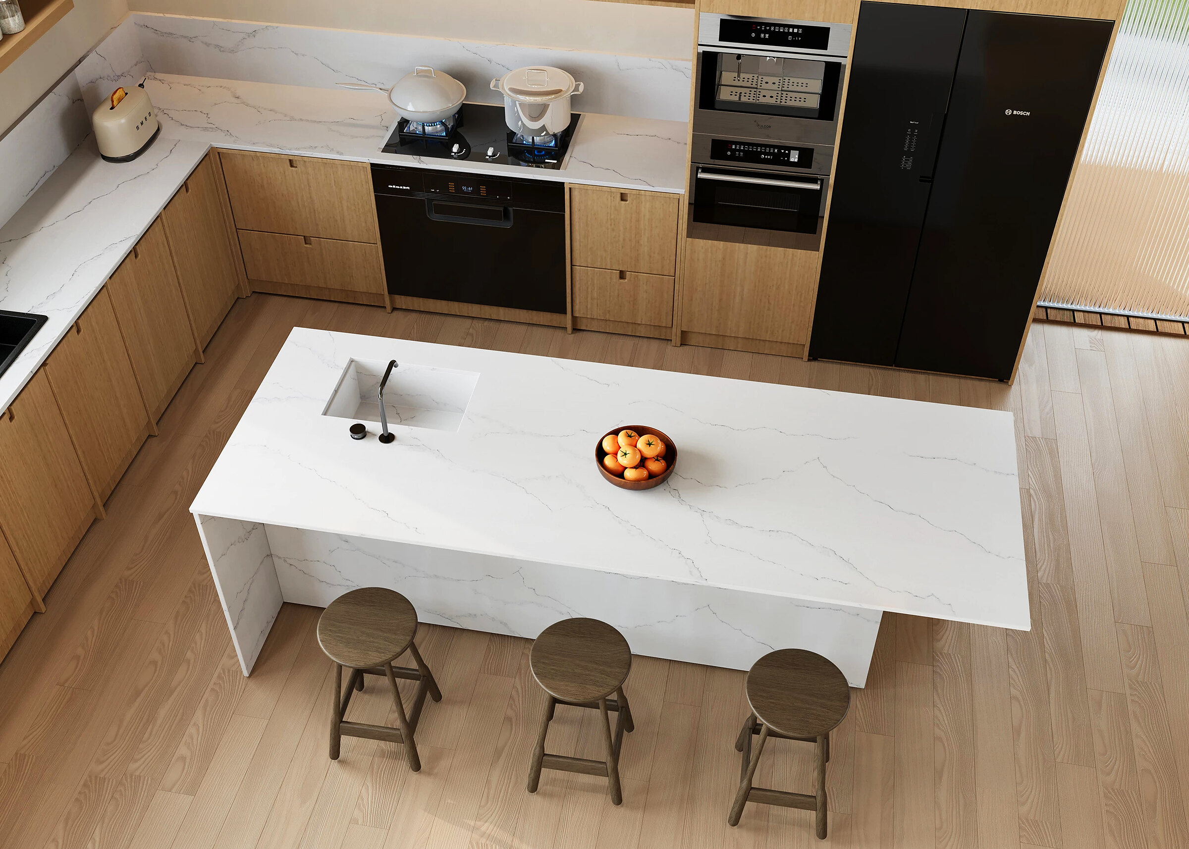 Statuario Nuovo Grey Zero surface in a real kitchen setting