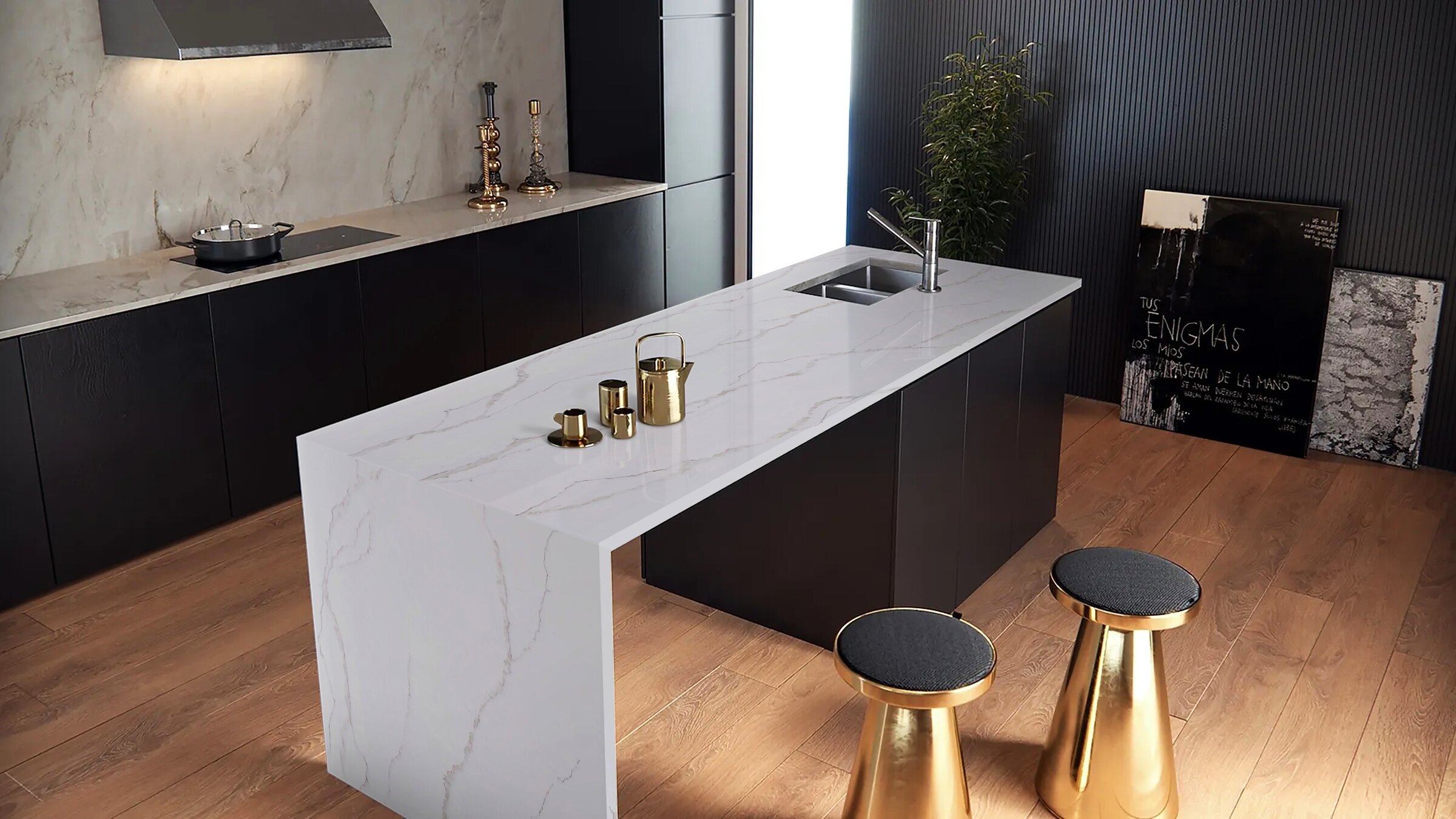 Statuario Nuovo Gold Zero surface in a real kitchen setting